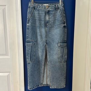 Juniors Love Fire Skirt Blue Denim Front Slit Straight Cargo Pockets Skirt Sz 5